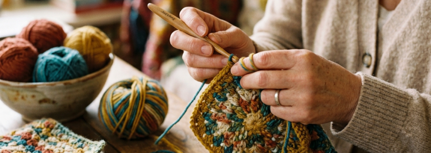 Person crocheting a colorful floral textile beside yarn and finished pieces