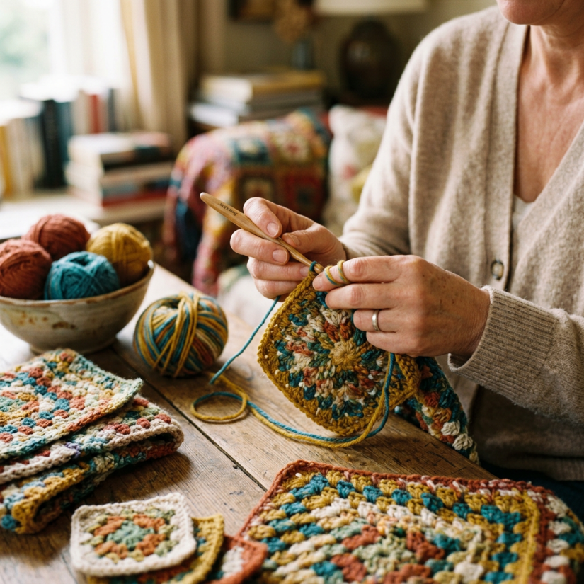 Person crocheting a colorful floral textile beside yarn and finished pieces